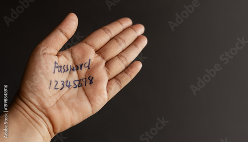 Password written on hand, weak security concept, cybersecurity risk