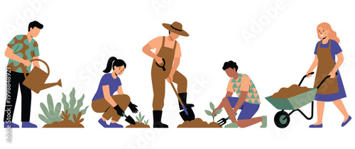 Schilderij op canvas People gardening together with plants and tools in flat design style