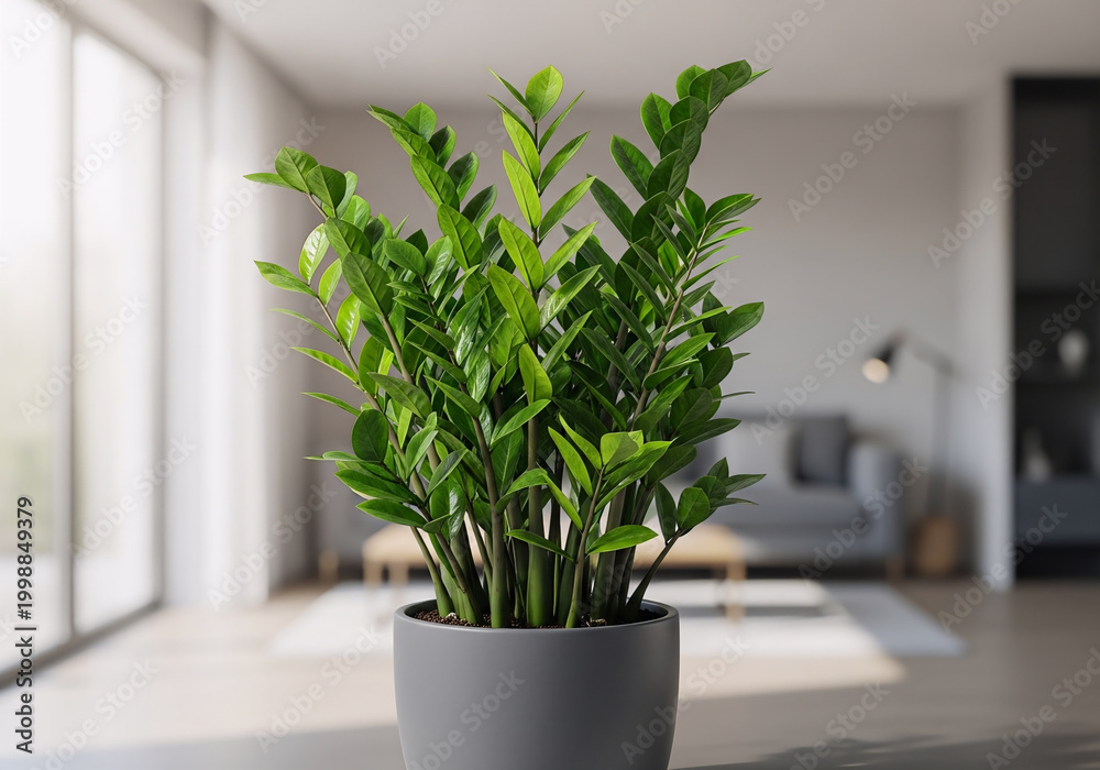 Fototapeta premium Lush Green Potted ZZ Plant in Modern Minimalist Living Room Interior Design
