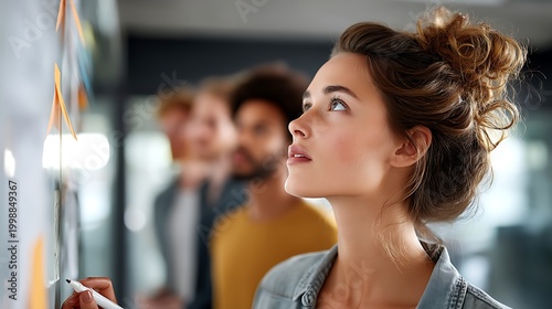 Young Woman Engaged in Creative Brainstorming with Colleagues