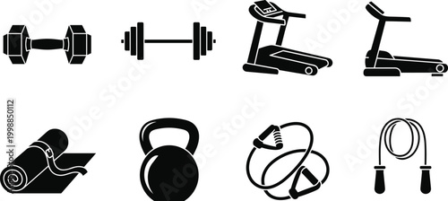 A collection of fitness and gym equipment icons including dumbbells, treadmill, yoga mat, kettlebell, and jump rope.