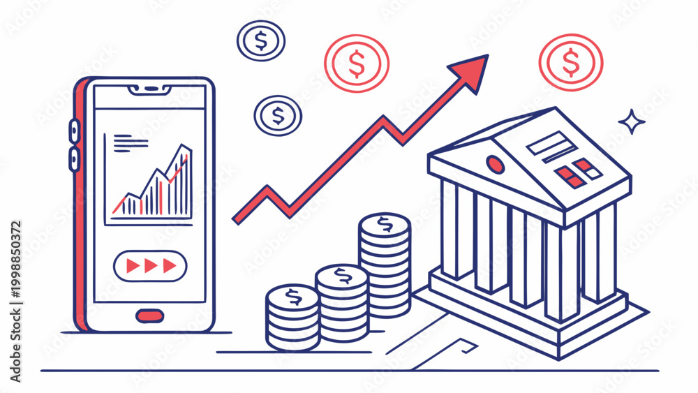 Obraz premium Financial Growth and Investment Concept, Showing a Mobile App with Analytics, Stacked Coins, and a Bank Building with an Upward Trend Arrow
