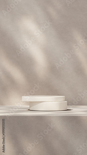 Vertical composition with round podium for cosmetic product branding and skincare display.