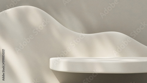 Abstract wave wall podium for skincare and cosmetic product showcase in elegant studio setup.