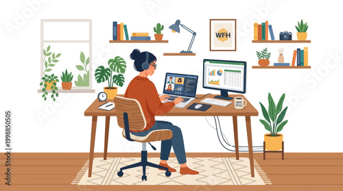 Startup office scene with woman working on computer at desk with equipment