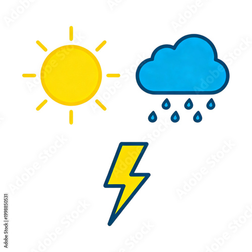 Minimalist weather vector icon collection featuring sun, rain cloud, and lightning bolt.