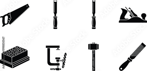 Carpentry tools collection featuring wood saw chisel hand plane rasp file and heavy mallet for woodworking craft.