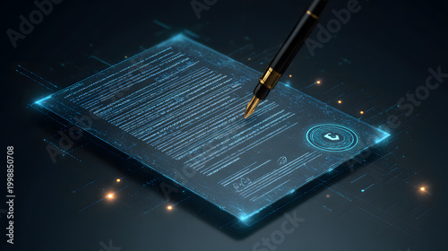 Digital smart contract being signed with fountain pen on glowing blue holographic paper.