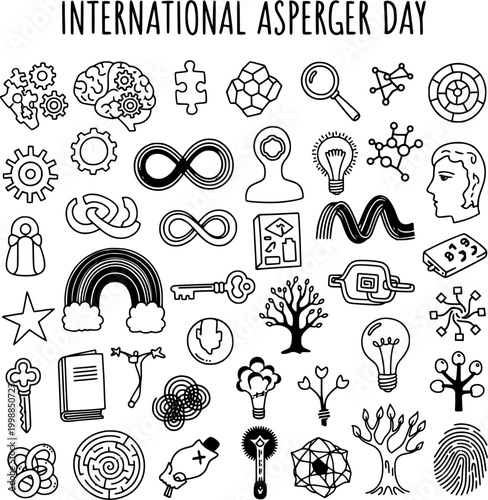 Hand-drawn doodle set for International Asperger Day, featuring neurodiversity symbols like brain, infinity, lightbulb, puzzle piece, and unique thinking concepts for autism awareness.
