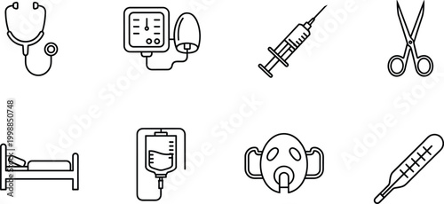 Collection of eight medical healthcare icons featuring stethoscope blood pressure monitor syringe scissors bed IV bag mask thermometer.