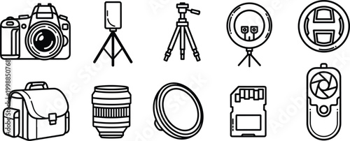 Comprehensive photography gear collection featuring a camera, tripod, lens, ring light, and memory card.