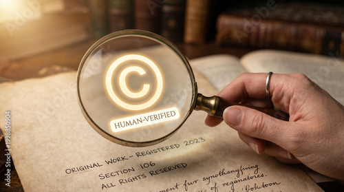 Copyright content filter ai, magnifying glass over manuscript with human verified label and legal document