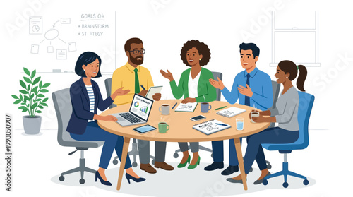 Business team discusses strategy with CEO leadership concept on white background