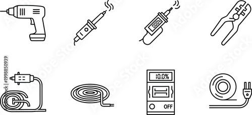 Electrical tools set including power drill soldering iron multimeter wire strippers and test equipment line icons.