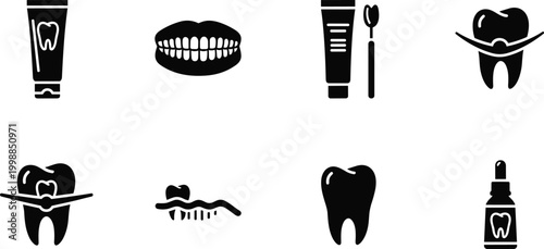 Essential dental care collection featuring teeth, toothbrush, toothpaste, and other oral hygiene tools.