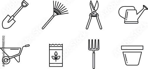 Gardening tool outlines including shovel, rake, shears, watering can, wheelbarrow, and seed packet.