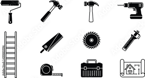 Home renovation tool solid icon set with roller hammer drill ladder saw circular blade measure tape and toolbox.