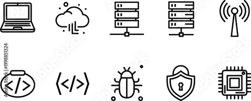Laptop cloud servers wifi antenna code brackets bug shield processor computer technology icons network data security.