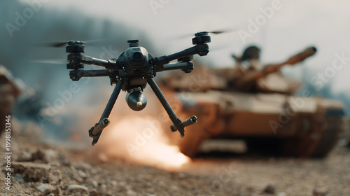 Drone flying in front of tank firing on battlefield, military technology and combat.