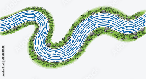 Fotografie Winding river flow diagram with blue arrows, aerial view of meandering stream wi