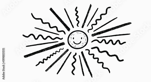 Hand-drawn sun doodle with smiling face, black ink sunshine sketch with wavy rays, cute solar character vector illustration for children