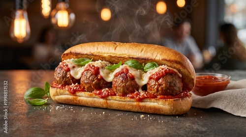 American Lunch Food Meatball Sub with Marinara, Mozzarella and Fresh Basil on to