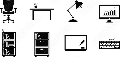 Office furniture and supplies icon set with chair, desk, lamp, computer, bookshelf, filing cabinet, whiteboard, keyboard.
