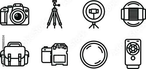 Photography equipment icons camera tripod ring light lens and bag for videography and content creation set.