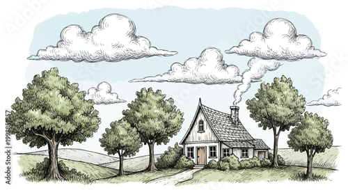 Cozy house, white cottage, green trees, landscape illustration, rural scenery