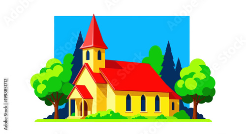 Charming Yellow Church with Red Roof and Green Trees, Isolated on White