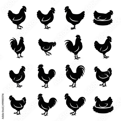 Chicken and Rooster Silhouettes: Farm Poultry Icons Set