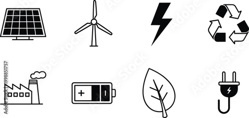 Renewable energy sources solar panel wind turbine lightning bolt recycle factory battery leaf.