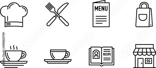 Restaurant and cooking icons: chef hat, cutlery, menu, apron, coffee cup, recipe book, shop.