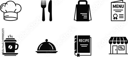 Set of eight restaurant food service icons including chef hat coffee cup cutlery shopping bag menu recipe and store front.