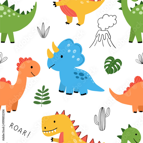 Seamless pattern with cute colorful dinosaurs, volcanoes, and prehistoric plants on a clean white background for kids' bedding, baby apparel, and school stationery.