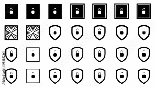 Collection of flat shield icons with padlocks security symbols and protection graphics in black and white