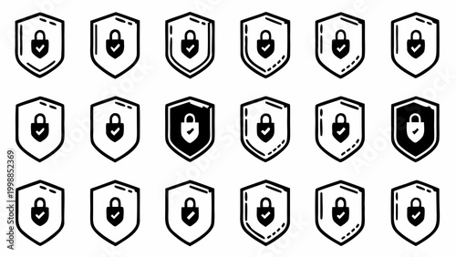 Isometric flat shield icons with security locks protection symbols and safety badges in black and white