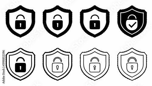Security badge icons with lock and shield security symbols protection signs app authentication privacy concept safety emblems secure access vector graphics