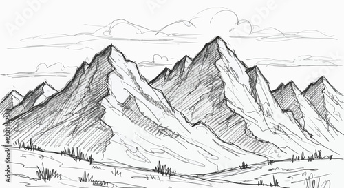 Hand drawn mountain range sketch, vintage pencil drawing of rocky peaks and clouds, rustic wilderness landscape vector illustration for outdoor branding