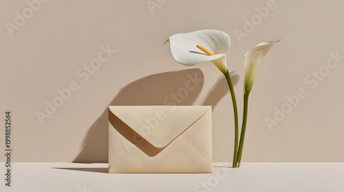 Elegant light beige envelope with two white calla lilies on a neutral background.