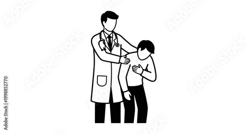 Doctor comforting patient experiencing chest pain, medical checkup, healthcare concept
