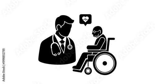 Doctor consulting elderly patient in wheelchair with heart health icon