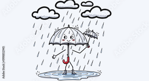 funny cartoon character holding umbrella in rain, weather icon, rainy day illustration, vector graphics