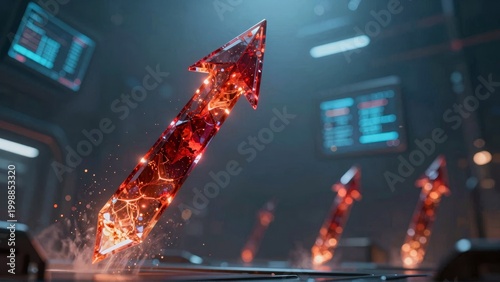 Cinematic Red Glowing Growth Arrow in Futuristic Tech Background