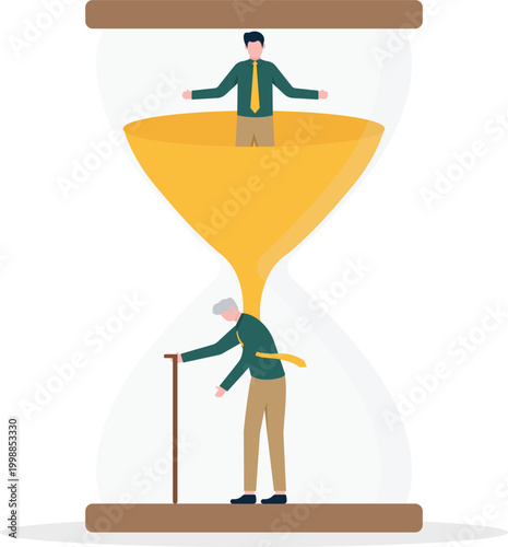 Old and young professional inside hourglass representing aging
