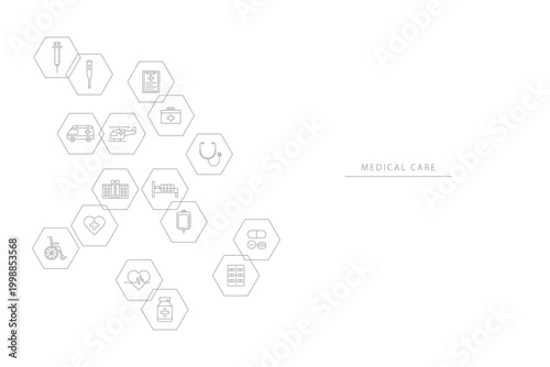 医療に関するアイコンを六角形のフレームに入れて散りばめた白とグレーの背景素材