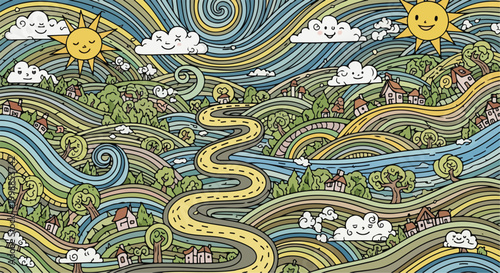 Whimsical landscape vector illustration, stylized rolling hills with winding road and smiling sun, colorful hand-drawn countryside scenery with clouds