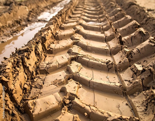 A close-up of a muddy tire track with deep treads