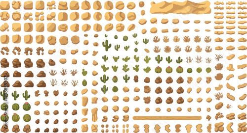 Desert environment game assets vector set, cartoon rock and cactus collection, arid landscape map elements for mobile gaming and level design