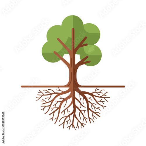 Healthy Tree With Visible Root System, Nature Concept, Flat Design